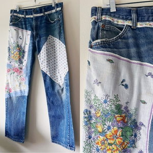 Vintage Levi’s 505 distressed patchwork floral hankie patched‎ 34x31